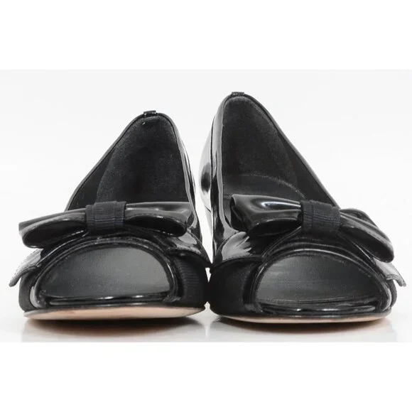 Stuart Weitzman Spain Lovebow Women's 8 Black Patent Bow Peep Toe Wedge Pump - Picture 6 of 9